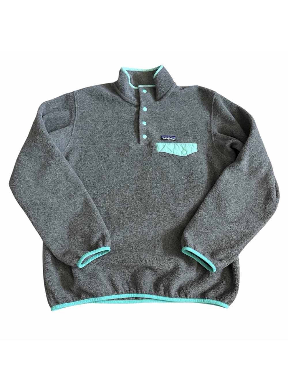 Patagonia Women’s Synchilla Snap T Fleece Pullover Sz L Grey Teal Sweater Jacket